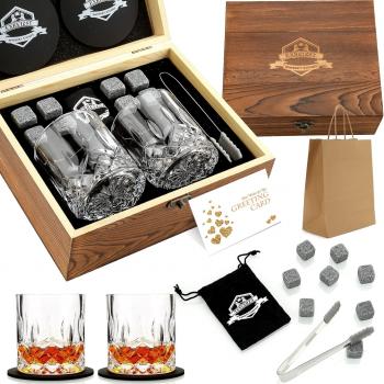 Whiskey Stones Gift Set - Whiskey Glass Set of 2 - Granite Chilling Whiskey Rocks - Scotch Bourbon Box Set - Father's Day Drinking Gifts for Men Dad Him Husband Birthday Party Holiday Present