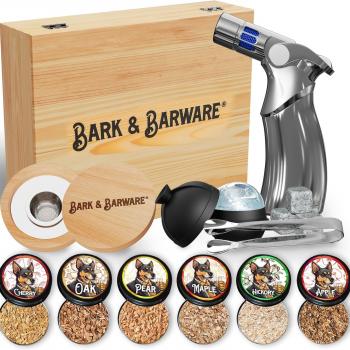 Bark & Barware Premium Cocktail Smoker Kit with Torch - Natural Wood Box, Silver Tools, 6 Flavors Wood Chips - Old Fashioned Bourbon Smoker Kit (no butane) Whiskey gifts for men - Whiskey Smoker Kit