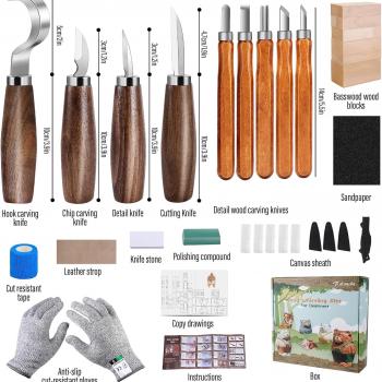 Wood Carving Kit 4pcs Whittling Knife and 5pcs K2 Carbon Steel Wood Carving Knife,Wood Carving Tools Set with 8pcs Basswood Wood Blocks for Adults Kids Beginners Woodworking Whittling Kit Gifts