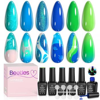 Beetles Summer Blue Gel Nail Polish, 6 Colors Shimmer Swirl Pacific Blue Glitter Blue Green Gel Polish Swirl Shell Thread Effect Soak Off Nail Art Design Salon Home Manicure Gift for Girls Women