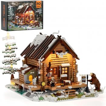 FUNWHOLE Hunting-Cabin Lighting Building-Bricks Set - Retro Wooden Cabin LED Light Construction Building Model Set 2036 Pcs for Adults and Teen