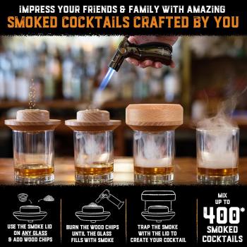 Cocktail Smoker Kit with Torch - High-End Set, USA Oak, Fine Wood Chips - Old Fashioned Cocktail Kit for Whiskey - Bourbon Gifts for Men - Gift from Wife, Daughter, Son (No Butane)