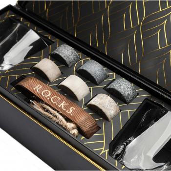 Whiskey Chilling Stones Gift Set - 6 Handcrafted Premium Granite Round Sipping Rocks - 2 Crystal Superior Glasses - Hardwood Presentation & Storage Tray - Elegant Gold Foil Gift Box by R.O.C.K.S.