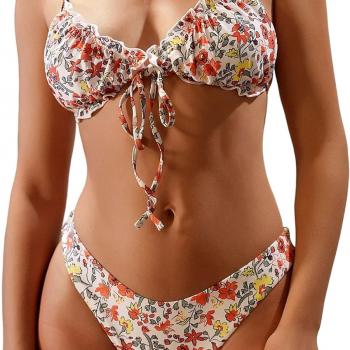 ZAFUL Women's Triangle Bikini Floral Ruffles Bow Tie Up Bikini Set Two Piece Swimsuit