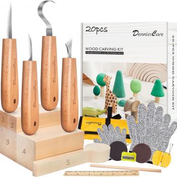 DenniesCare Wood Carving Kit Wood Whittling Kit for Beginners 20pcs Wood Carving Tools with 4pcs Carving Knife, Basswood Wood Blocks, Gloves, Storage Bag, Frosted Sponge, Gifts Set for Kids