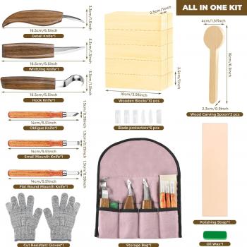 LUBZZOY Wood Carving Kit, Wood Carving Tools Set Includes Whittling Knife & Detail Wood Knife & Basswood Wood Carving Blocks & Wood Spoon,Wood Whittling Kit for Beginners Kids Adults Woodworking DIY