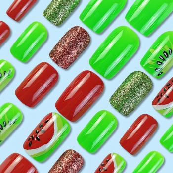 SINSEN Summer Press on Nails Square Shape Fake Nails Medium Length False Nails Press ons with Watermelon Designs Cute Acrylic Glue on Nails Reusable Stick on Nails for Women DIY Manicure, 24PCS