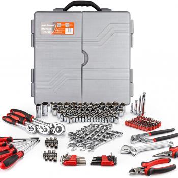 CARTMAN 205 Piece Ratchet Wrench Tool Set,1/4" & 3/8" & 1/2" Drive with SAE/Metric Sockets Kit in Plastic Toolbox