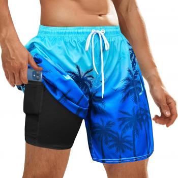 Men's Swim Trunks with Compression Liner Board Beach Shorts Quick Dry Swim Shorts Bathing Suits with Zipper Pock