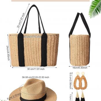 4 Pcs Straw Bag Woven Bag and Rattan Wicker Hat Tassel Earrings Set Summer Tote Handbag for Woman Vacation Boho Accessories