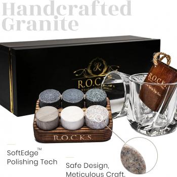 Whiskey Chilling Stones Gift Set - 6 Handcrafted Premium Granite Round Sipping Rocks - 2 Crystal Superior Glasses - Hardwood Presentation & Storage Tray - Elegant Gold Foil Gift Box by R.O.C.K.S.