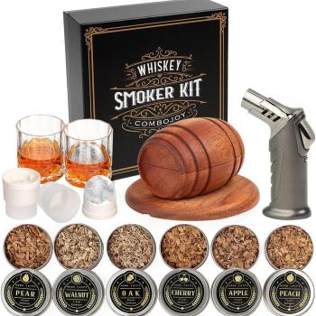 Whiskey Smoker Kit with Torch - 6 Flavors Wood Chips, 2 Glasses, 2 Ice Ball Molds - Cocktail Smoker Infuser Kit, Old Fashioned Drink Smoker Kit, Birthday Bourbon Whiskey Gifts for Men,Dad(NO Butane)