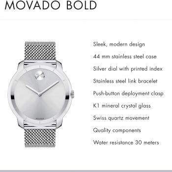 Movado Men's BOLD Thin Stainless Steel Watch with a Printed Index Dial, Silver (Model 3600260)