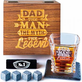 Fathers Day Gift - Best Dad Ever Whiskey Glass - Bourbon Whisky Rocks Chilling Stones Set - Best Bonus Dad Stepdad Father Grandfather Papa - Scotch Glass in Wooden Box - Birthday Gift