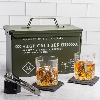 Whiskey Glasses and Whiskey Stones in Unique Tactical Box Display | Bourbon Cocktail Glasses, Coasters and Tongs | Whiskey Glasses for Men | Whiskey Gifts for Men | Whiskey Glass Set