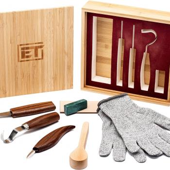 9pc Wood Carving Tools Set - Hook Carving Knife, Whittling Knife, Detail Wood Carving Knife For Spoon, Bowl, Kuksa Cup Or General Woodwork - Bonus Cut Resistant Gloves And Bamboo Box