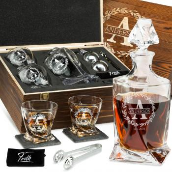 Personalized Whiskey Decanter and Stones Set - Customized Gift for Him - Men, Dad, Father - Engraved Twisted Whiskey Decanter, 2 XL Glasses, 2 XL Balls, 2 Coasters, Tongs, Pouch in Wooden Box