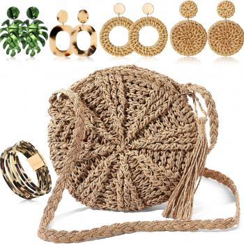 Hicarer Beach Purse Earrings Set Straw Bag Vacation Purse with 4 Rattan Boho Tropical Earrings Leopard Bracelet