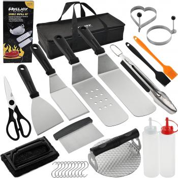 Grilljoy Griddle Accessories Kit Set for Hibachi Grill Flat Top - 26PC Non-Slip Grill Spatulas Set with Cleaning Pad, Burger Press, Egg Rings for Camping Grilling - Ideal for Men Women