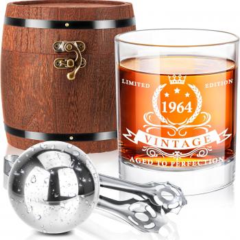 LIGHTEN LIFE 60th Birthday Gifts for Men,1964 Whiskey Glass Set in Barrel Box,60 Years Old Gifts,60th Birthday Gift Ideas,1964 Birthday Gifts for Dad Husband,60th Birthday Decorations for Men