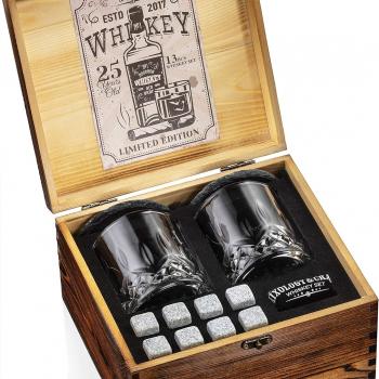 Mixology & Craft Whiskey Stones Gift Set for Men | Pack of 2, 10 oz Whiskey Glasses w/ 8 Granite Chilling Rocks, 2 Slate Coasters, Cocktail Cards in a Rustic Wooden Crate | Whiskey Essentials