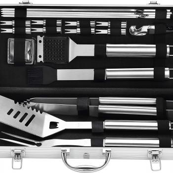 grilljoy 20PCS Heavy Duty BBQ Grill Tools Set - Extra Thick Stainless Steel Spatula, Fork& Tongs. Complete Barbecue Accessories Kit in Aluminum Storage Case - Perfect Grill Gifts for Men