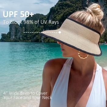 Joywant Sun Visor Hats for Women, Women's Summer Ponytail Foldable Straw Beach Hat with UPF 50+