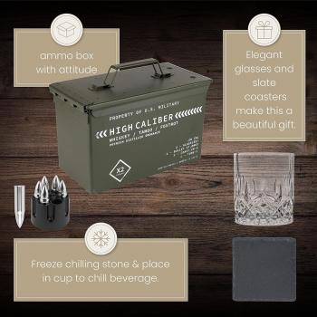 Whiskey Glasses and Whiskey Stones in Unique Tactical Box Display | Bourbon Cocktail Glasses, Coasters and Tongs | Whiskey Glasses for Men | Whiskey Gifts for Men | Whiskey Glass Set