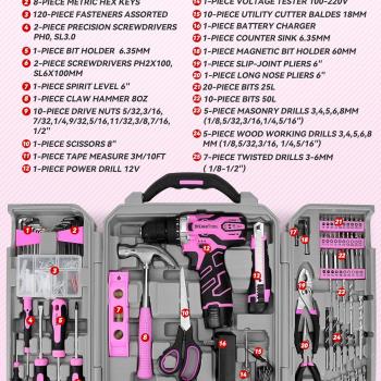 KingTool Home Tool Kit Set - 219 Pieces Pink Tool Kit with 12V Max Power Cordless Drill, Tool Kit for Women, Household Tool Set Kit with Power Drill for Home Office Garden Repair