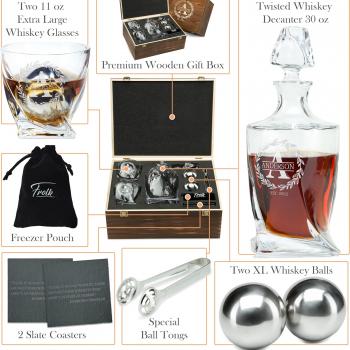 Personalized Whiskey Decanter and Stones Set - Customized Gift for Him - Men, Dad, Father - Engraved Twisted Whiskey Decanter, 2 XL Glasses, 2 XL Balls, 2 Coasters, Tongs, Pouch in Wooden Box