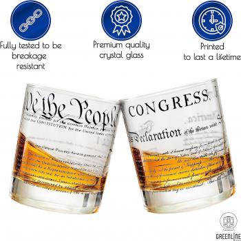 Greenline Goods Whiskey Glasses – United States Constitution + Declaration Glass (Set of 2) - 10 oz Tumblers - American US Patriotic Gift Set - Old Fashioned We The People Cocktail Glasses