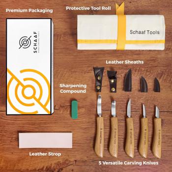 Schaaf Wood Carving Tools Deluxe Wood Carving Kit | Includes Detail Knife, Chip Carving Knife, Sloyd Wood Carving Knife, Spoon Carving Kit | Adult Crafts Wood Whittling Kit