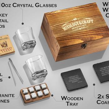 Mixology Whiskey Stones Gift Set for Men - Pack of 2, 10 oz Whiskey Glasses w/ 8 Granite Chilling Rocks, 2 Coasters, Metal Tong & Cocktail Cards in Wooden Box - Square