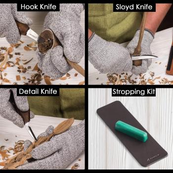 BeaverCraft Spoon Carving Kit Whittling Knives Spoon Carving Knife Sloyd, Chip Small Detail Knife, Hook Knife - Spoon Carving Tools Wood Carving Kit & Leather Strop Whittling Knife Set Deluxe S13X