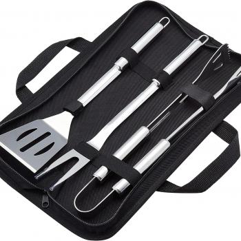 Amazon Basics 4-Piece Stainless Steel Barbeque Grilling Tool Set with Carry Bag