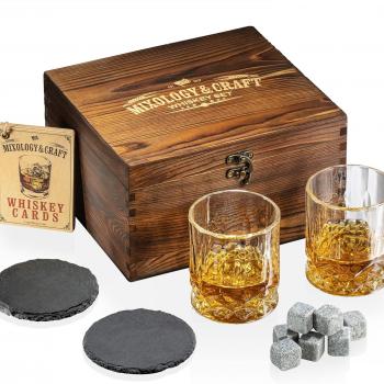 Mixology & Craft Whiskey Stones Gift Set for Men | Pack of 2, 10 oz Whiskey Glasses w/ 8 Granite Chilling Rocks, 2 Slate Coasters, Cocktail Cards in a Rustic Wooden Crate | Whiskey Essentials