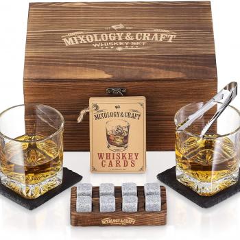 Mixology Whiskey Stones Gift Set for Men - Pack of 2, 10 oz Whiskey Glasses w/ 8 Granite Chilling Rocks, 2 Coasters, Metal Tong & Cocktail Cards in Wooden Box - Square