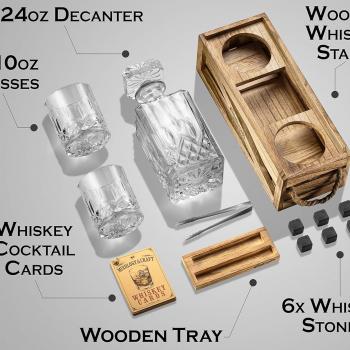 Whiskey Stones Gift Set for Men | Whiskey Decanter with Glasses Set and Wood Stand, 6 Granite Whiskey Chilling Stones and 10oz Whiskey Glasses | Whiskey Decanter Set for Men, Dad, Husband, Boyfriend