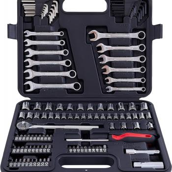 121 Piece Mechanic Tool Socket Set 3/8 and 1/4 inch Drive SAE & Metric Size, with Tool Box Storage Case for Home, Car Trunk, Automotive, Bike Projects and as A Gift