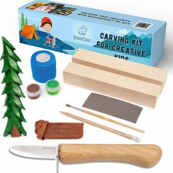 BeaverCraft Wood Carving Kit for Kids & Beginner DIY08 - Wood Whittling Kit for Kids Woodworking Starter Kit Hobby Kits for Boys Wood Crafts Projects DIY Gifts, Carving Set Whittling Knife & Basswood