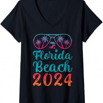 Womens Beach Vacation Summer Sunglass Florida Beach 2024 V-Neck T-Shirt