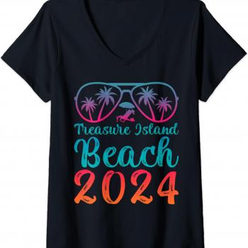 Womens Summer Sunglass Florida Treasure Island Beach 2024 V-Neck T-Shirt