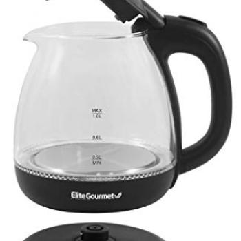 Elite Gourmet EKT1001 Electric 1.0L BPA-Free 1100W Glass Kettle Cordless 360° Base, Stylish Blue LED Interior, Handy Auto Shut-Off Function – Quickly Boil Water For Tea & More, Black