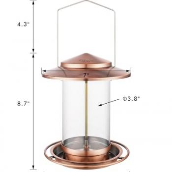 iBorn Metal Bird Feeder for Outside Hanging,Wild Bird Feeders for Cardinal,18cm Large Roof&Tray Brushed Copper 6 Port (Seed is not Included)