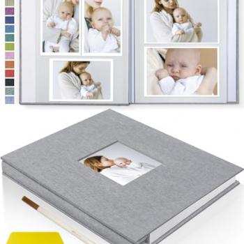 Popotop Photo Album Self Adhesive with Picture Display Window,40 Pages DIY Baby Memory Book for 4x6 8x10 Picture,Linen Cover Scrapbook for Wedding,with Scraper and Metallic Pen