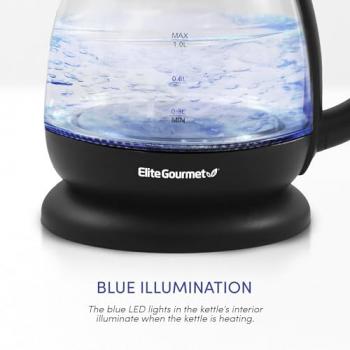 Elite Gourmet EKT1001 Electric 1.0L BPA-Free 1100W Glass Kettle Cordless 360° Base, Stylish Blue LED Interior, Handy Auto Shut-Off Function – Quickly Boil Water For Tea & More, Black