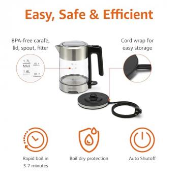 Amazon Basics Electric Kettle, Glass and Steel, Tea Kettle for Boiling Water, With Auto Shut-Off and Boil Dry Protection, 1.7-Liter, Black and Sliver