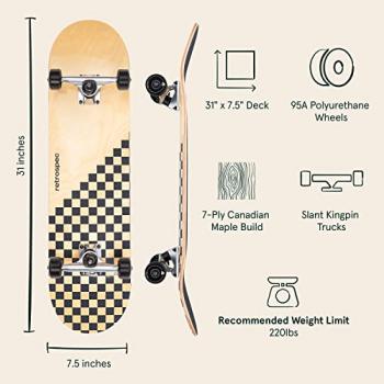 Retrospec Alameda Skateboard Complete | Canadian Maple Wood Deck w/ 5.5 Inch Aluminum Alloy Trucks for Commuting, Cruising, Carving & Downhill Riding | 31” x 7.5”, Black Checker