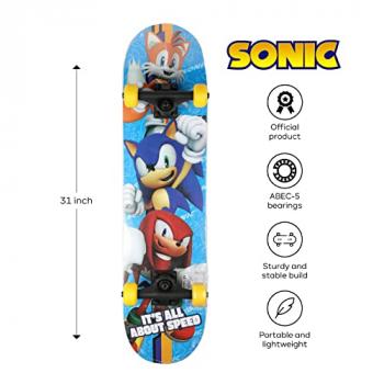 Sonic The Hedgehog 31 inch Skateboard, 9-ply Maple Desk Skate Board for Cruising, Carving, Tricks and Downhill