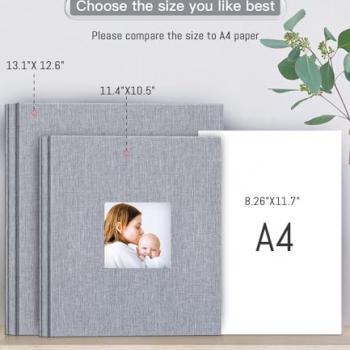 Popotop Photo Album Self Adhesive with Picture Display Window,40 Pages DIY Baby Memory Book for 4x6 8x10 Picture,Linen Cover Scrapbook for Wedding,with Scraper and Metallic Pen